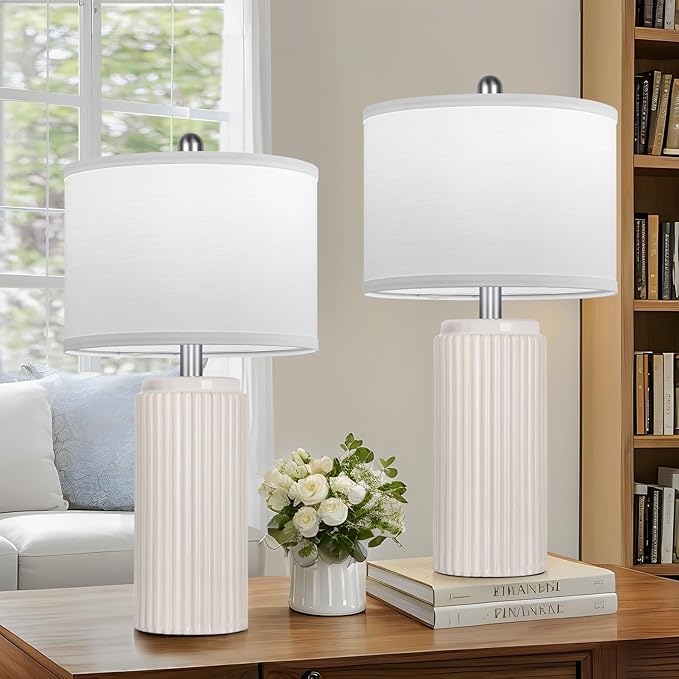 TOBUSA 23.5’’ Modern Ceramic Table Lamps Set of 2 for Living Room, Farmhouse Vintage Bedside Table Lamps with White Linen Shade, Rustic Bedroom Ceramic Lamps for Nightstand Home Office End Table Dorm