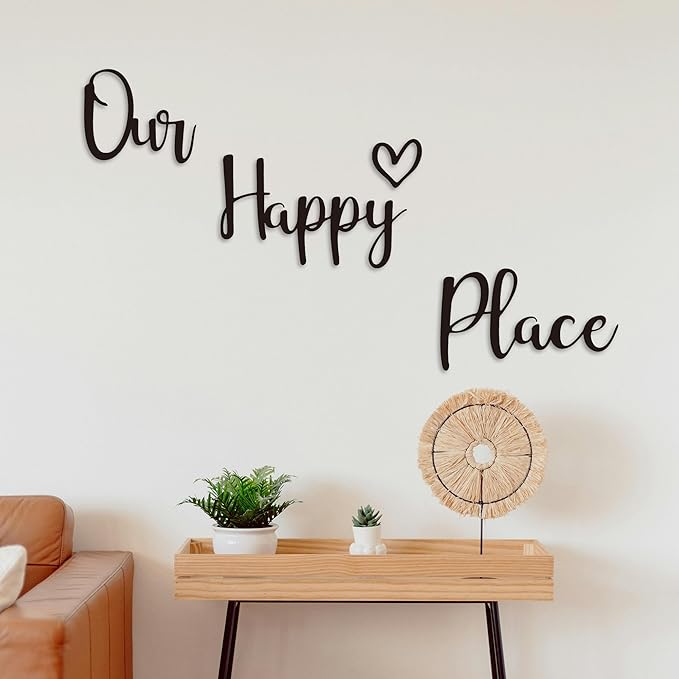Our Happy Place Sign Metal Wall Decor Hanging Art Words Home Decor for Patio, Living Room, Bedroom, Kitchen, Bathroom and More, Black