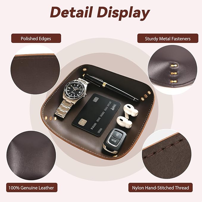 Genuine Leather Valet Tray-Handmade Brown Leather Catchall Organizer for Desk, Nightstand Bedside Desk & Entryway Table Storage Tray for Keys, Phone, Wallet, Coins, Jewelry for Women & Men