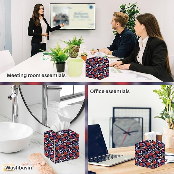 Tissue Box Cover, Tissue Box Holder, Square with Belt Bottom, PU Leather Decorative Organizer for Desk, Tabletop, Countertop Bathroom, Toilet Car, Office,Dressers, Kitchen, Aesthetic Red Flower Decor