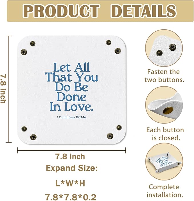 Christian Gifts Leather Jewelry Valet Tray,Faith Based Gifts,Bible Verse PU Leather Catchall Beside Caddy Nightstand Organizer Tray for Jewelry Rings Watches Keys and Accessories, 7.8x7.8inch