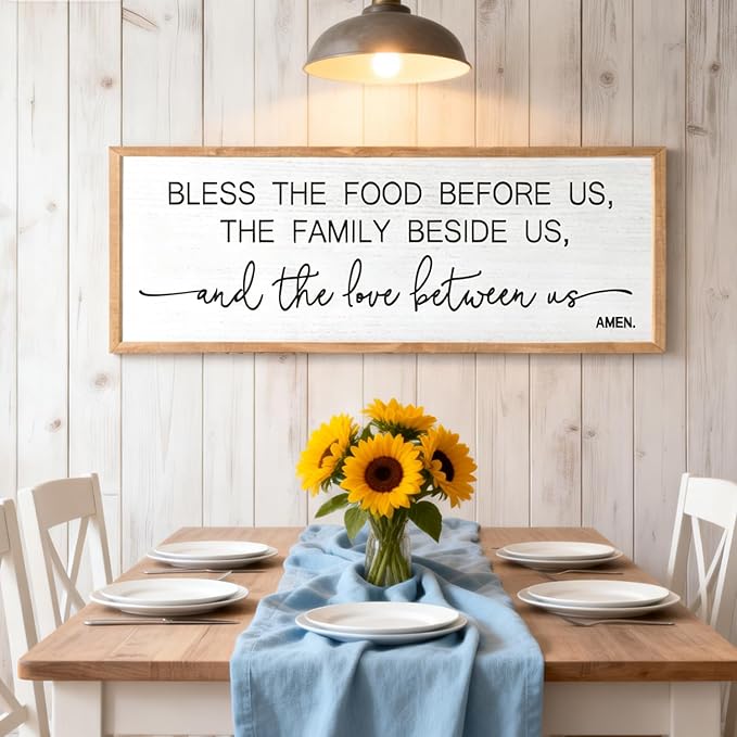 Bless the Food Before Us, the Family Beside Us, and the Love between us Framed Wall Art for Dining Room, 40''×15'' Rustic Holy Positive Religious Bible Verse for Christian God Jesus Christ Prayer