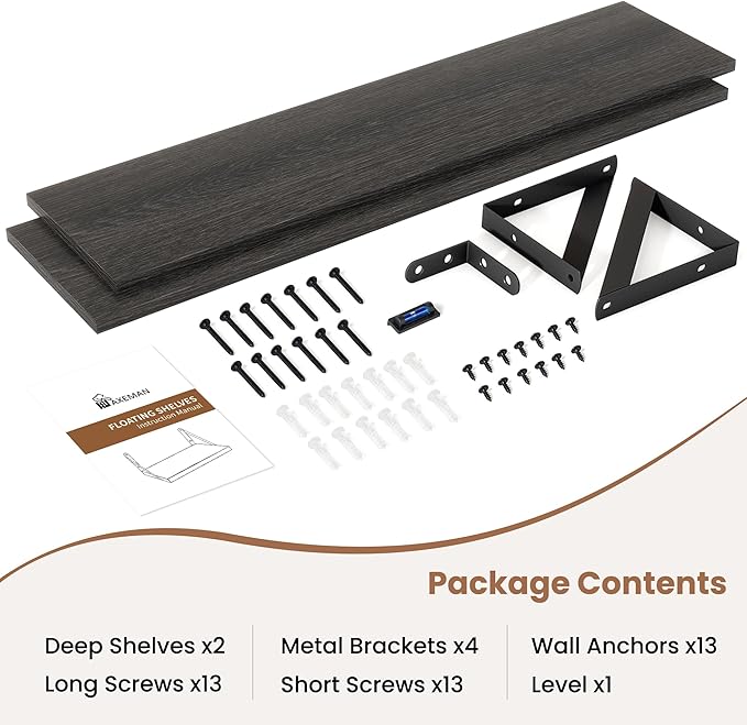 Axeman 32 Inch Floating Shelves | 8 Inch Deep Black Wood Wall Shelves Set of 2 | 31.5" W x 8" D Rustic Black Shelves for Bathroom Kitchen Living Room