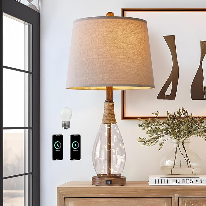 OYEARS 23" USB A+C Table Lamps Set of 2 for Bedroom Living Room Modern Bedside Lamps Retro Farmhouse Rattan Glass Nightstand Nightlight Lamps,Two Light Points