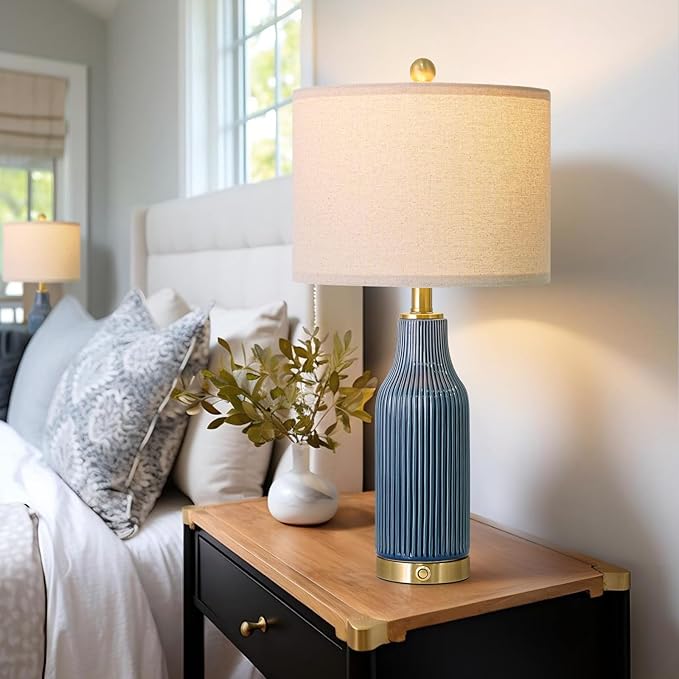24.5" Modern 3-Way Dimmable Touch Control with 5FT Cord & USB A+C Ceramic Lamps Set of 2 Table Lamp for Living Room Bedroom Farmhouse Nightstand Bedside Blue