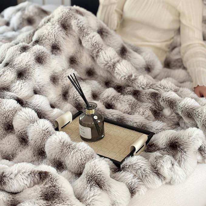 Luxury 1000GSM Throw Blanket, 50x60 Inches, Ultra Soft Double-Sided 3D Bubble Textured Faux Rabbit Fur, Frosted Brown & White, Reversible High-Density Plush Warm Blanket for Sofa & Bed