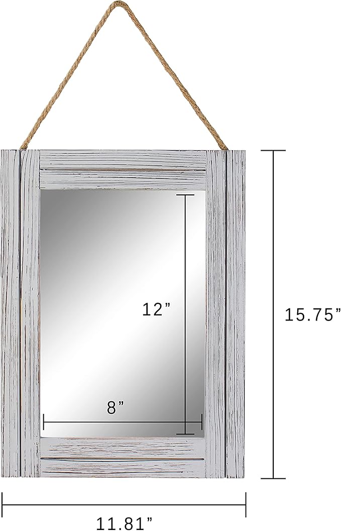 12 x 16 in Wall Decorative Mirror, Rustic Wood Frame Rectangular Mirror with Hanging Rope for Entryway, Bedroom, Guest Bathroom, Living Room, Bedroom - Grey