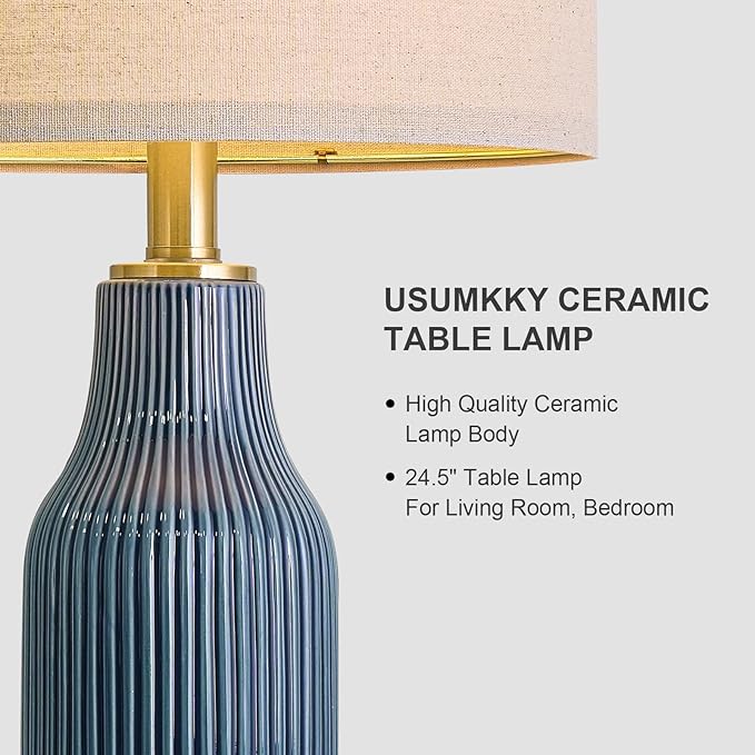 24.5" Modern 3-Way Dimmable Touch Control with 5FT Cord & USB A+C Ceramic Lamps Set of 2 Table Lamp for Living Room Bedroom Farmhouse Nightstand Bedside Blue
