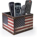 DreamsEden Wooden Remote Control Holder, Leather TV Caddy for Table, Decorative American Flag Organizer Storage Box for Home Office