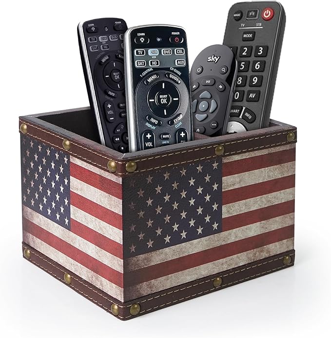 DreamsEden Wooden Remote Control Holder, Leather TV Caddy for Table, Decorative American Flag Organizer Storage Box for Home Office