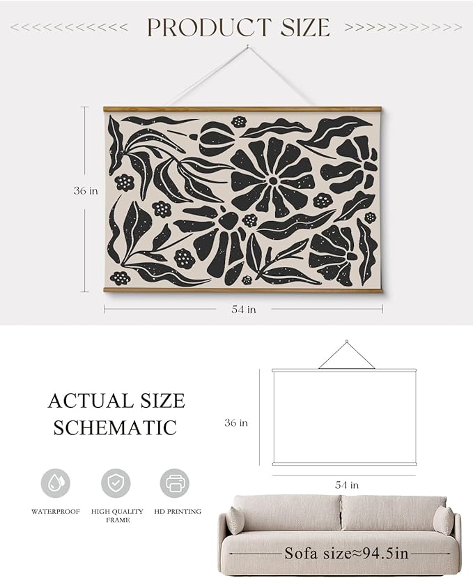 ARPEOTCY Extra Large Vintage Framed Wall Art, 36x54 Inch Black and White Abstract Hanging Framed Wall Art, Large Minimalist Black Floral Canvas Home Decor for Living Room Bedroom Office