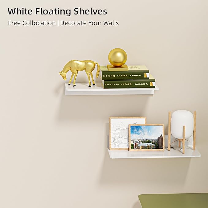 Glossy White Metal Floating Shelf 2-Piece Set, Adhesive Wall Shelves in Thickened Aluminium Wall Mounted Shower Caddy, Ideal for Display & Storage in Living Room, Bedroom, Bathroom (11.7")