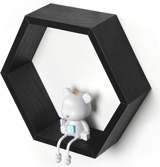 YBING Hexagon Floating Shelves Black Hexagonal Shelves Set of 6 Wood Honeycomb Shelves for Farmhouse MDF Hexagon Wall Decor Storage Shelves for Bedroom Office Living Room