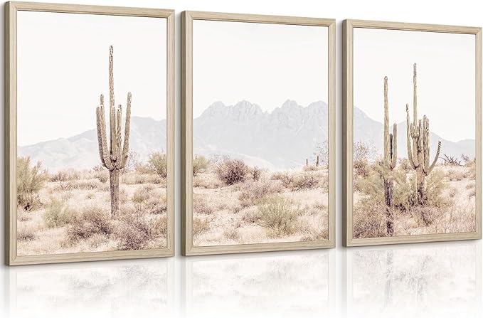 Sonoran Desert Landscape Wall Art Cactus Arizona Canvas Wall Decor Desert Poster Pictures Saguaro Cactus Art Prints Landscape Painting for Home Bedroom 12x16 Inch Wood Framed Set of 3