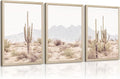 Sonoran Desert Landscape Wall Art Cactus Arizona Canvas Wall Decor Desert Poster Pictures Saguaro Cactus Art Prints Landscape Painting for Home Bedroom 16x24 Inch Wood Framed Set of 3