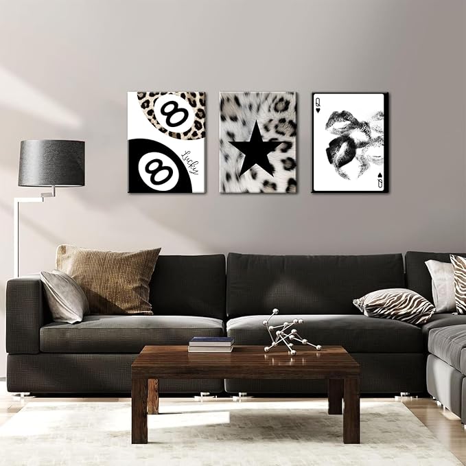 Trendy Leopard Wall Art Set of 3, Black and White Cheetah Wall Decor Paintings, Lips Star Lucky 8 Ball Poster Canvas Prints for Bedroom Living Room 12x16 inch Framed