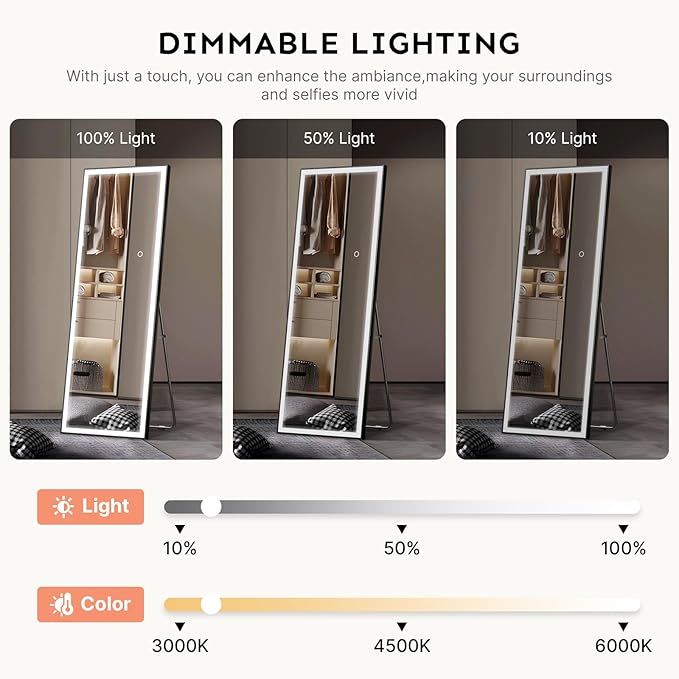 Kosmonia 64x21 Full Length Mirror, Dimmable 3 Color LED Light w/Light Memory, Distortion Free Silver Coating Mirror, HD Reflection &Anti Desilvering,Tempered Glass &Shatter Proof Film Doubles Safety