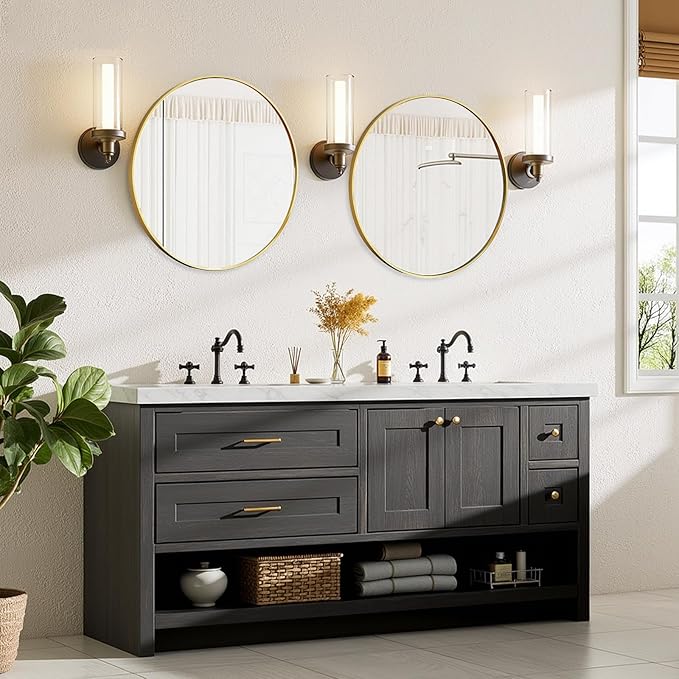 Bathroom Mirror for Wall, 20 Inch Round Mirror, Matte Gold Metal Framed Circle Vanity Mirror for Bathroom Bedroom Living Room Entryway, Anti-Rust, Tempered Glass, Hanging or Leaning