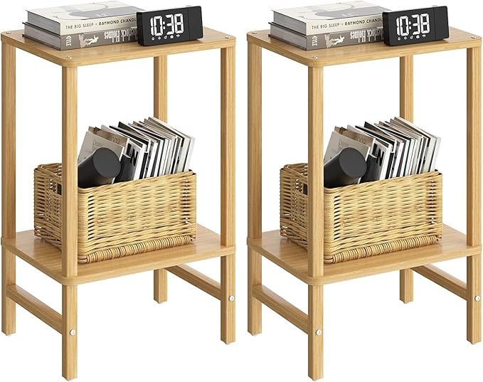 Side Table End Table Tall Night Stand 2-Tier 2 Pack for Living Room Bedroom Bathroom Office Furniture Natural