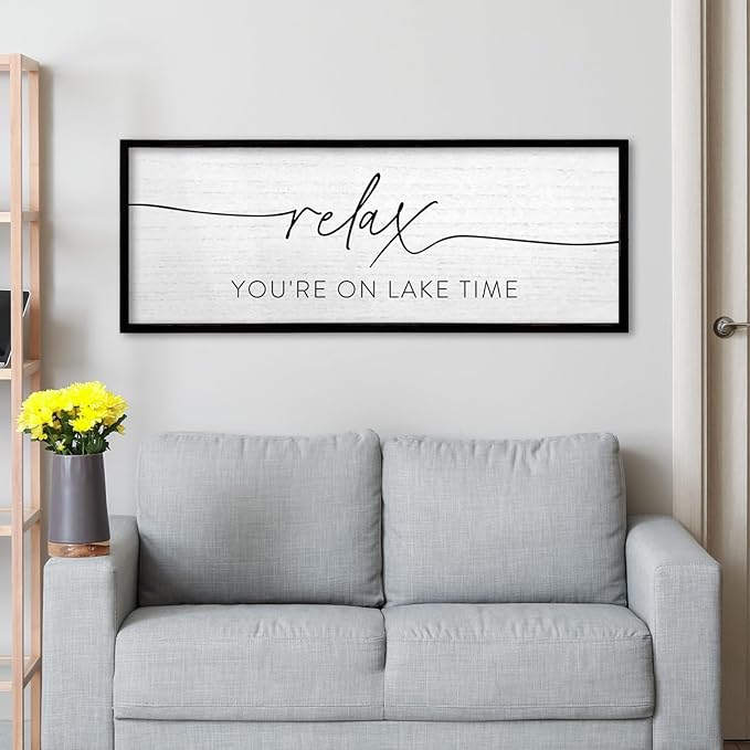 TQianJiang Relax You're On Lake Time Wall Decor 40"×15" Lakeside Quote Sign Lake House Decor for Living Room Bedroom Large Rustic Wooden Framed Wall Hanging Art (Black)
