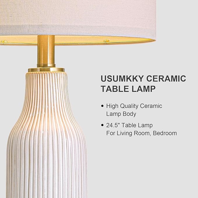 24.5" Modern 3-Way Dimmable Touch Control with 5FT Cord & USB A+C Ceramic Lamps Set of 2 Table Lamp for Living Room Bedroom Farmhouse Nightstand Bedside White