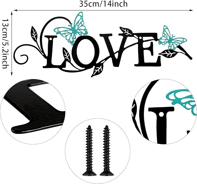 Metal Butterfly Love Sign Wall Decor Metal Black Love Word Sign Rustic Home Letter Ornament Cutout Teal Bedroom Decor for Home Office Living Room Hanging Wall Decorations 14 x 5 Inch