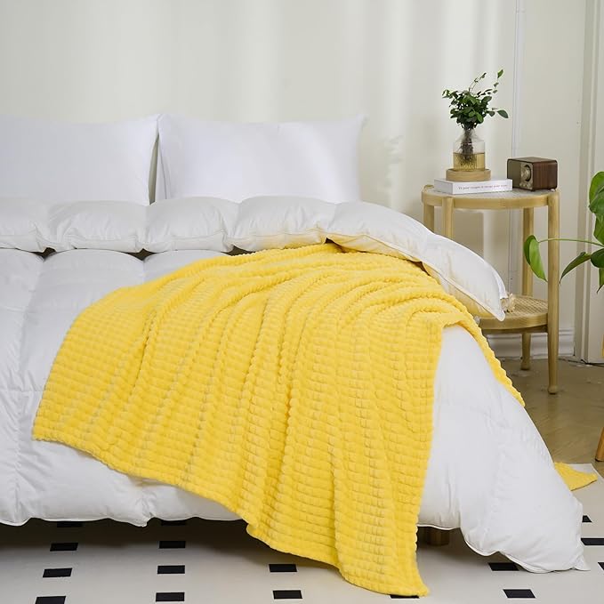 Puncuntex Flannel Fleece Throw Blanket Bright Yellow 60"×80",Super Soft Plush Cozy Blanket with Square Grid Design Luxury for Couch Sofa Chair
