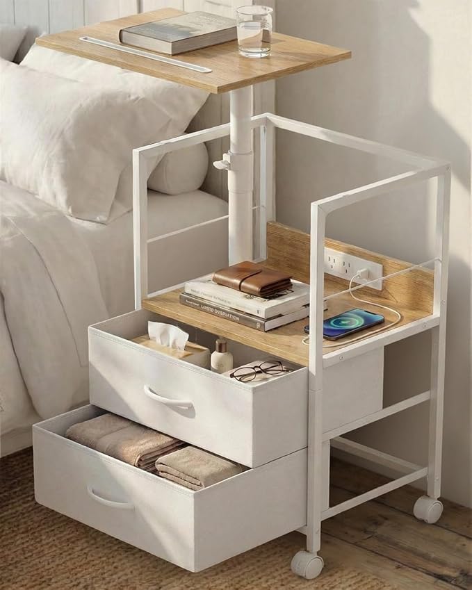 360° Swivel Nightstand with Height Adjustable, Lift Top Bedside Table with Charging Station, Rolling Night Stand with 2 Fabric Drawers, End Table with Wheels, for Bedroom, Living Room, Natural White