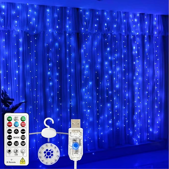 HXWEIYE 300LED Untangled Curtain Lights, 9.8x9.8Ft USB Fairy Twinkle String Lights with Remote and DIY Timer, 8 Modes Window Wall Hanging Light for Bedroom Dorm Backdrop Room Decor, Blue