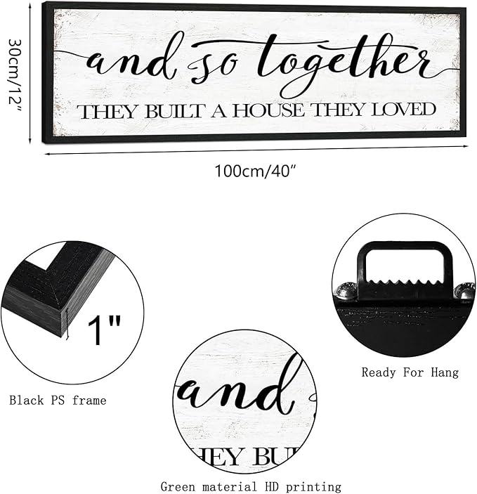 Farmhouse Wall Decor For Living Room: And So Together They Built A House They Loved Sign, House Warming Gifts New Home, Master Guest Bedroom Decor for Couples, Decorative Wall Art Plaques 40x12