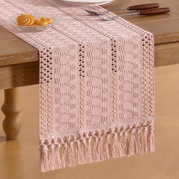 Socomi Boho Table Runner Easter Spring Farmhouse Rustic Dining Kitchen Centerpiece Decor Small Macrame Woven Cotton Linen Coffee Table Runner for Dresser Scarf Home Decor 12x60 in Pink