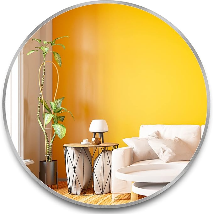 Itrue Round Mirror 24 inch Silver, Circle Mirror for Wall, Bathroom Mirrors for Over Sink,Living Room, Bathroom, Vanity, Entryway, Hallway.