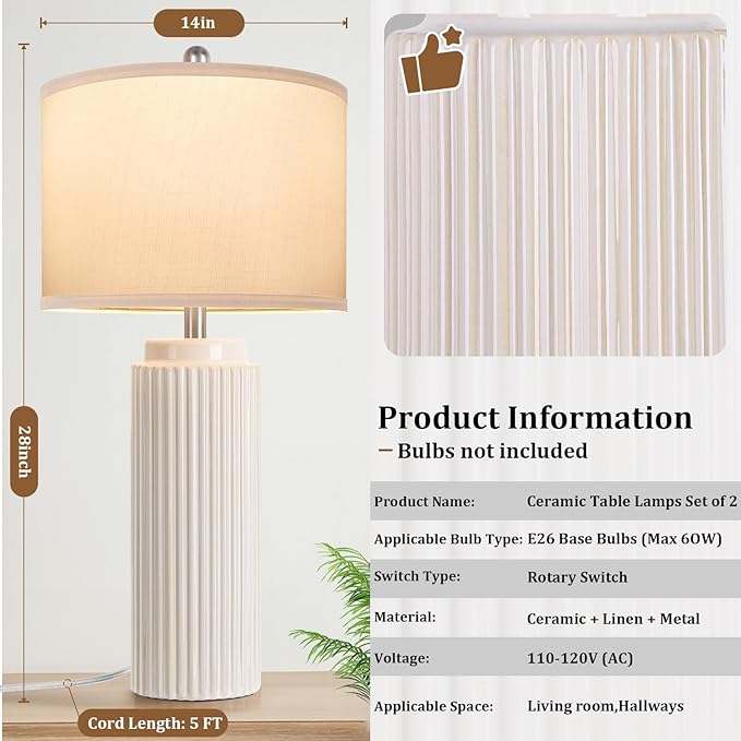 TOBUSA 28’’ Farmhouse Ceramic Table Lamps Set of 2 for Living Room, Cream Vintage Bedside Table Lamps with White Linen Shade, Rustic Nightstand Lamps for Bedroom Home Office End Table Dorm
