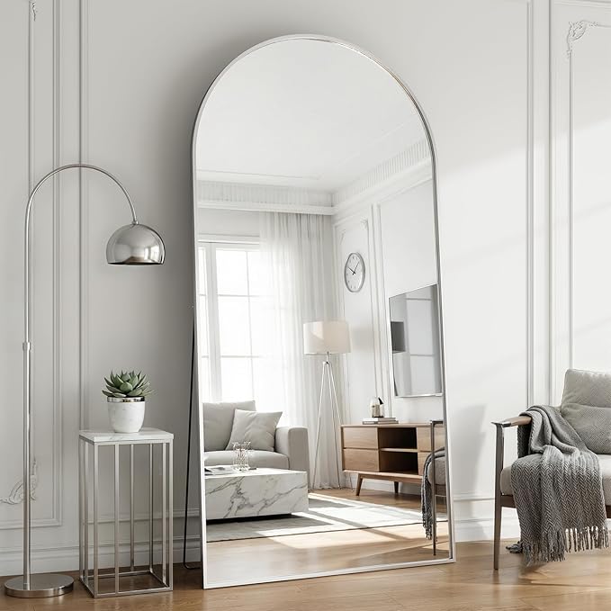 Oversized Full Body Mirror 30x71 inch Arched Full Length Mirror with Stand Aluminum Wall Mounted Hanging or Leaning Standing Mirrors,Silver