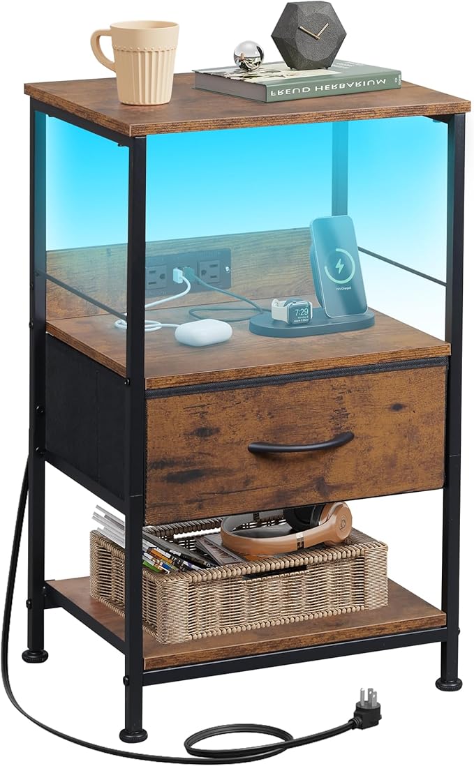 WLIVE Night Stand with Charger Station, LED Nightstand with Adjustable Fabric Drawer, 3-Tier Storage Bedside Table, Small End Side Tables for Bedroom, Rustic Brown