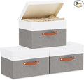 Storage Bins, Storage Baskets with Lids, 17.7 x 11.8 x 11.8 Inch Closet Organizer Boxes with Double Handles, White and Grey, 3-Pack
