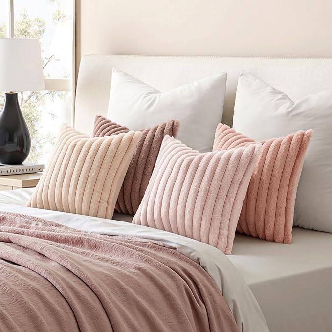 MIULEE Faux Fur Plush Decorative Throw Pillow Covers 18x18 Set of 4, Valentine's Day Cute Modern Soft Romantic Fuzzy Striped Cushion Covers Girl for Sofa Couch Bed Living Room Cozy Home Decor,Pink