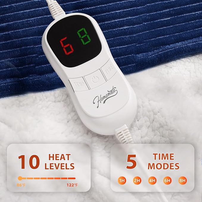 Homemate Electric Heated Blanket Twin Size - 62"x84" Heating Blanket Twin Size 1/2/4/6/8 Hours Auto-Off 10 Heat Level Over-Heat Protection Soft Flannel Sherpa ETL Certification