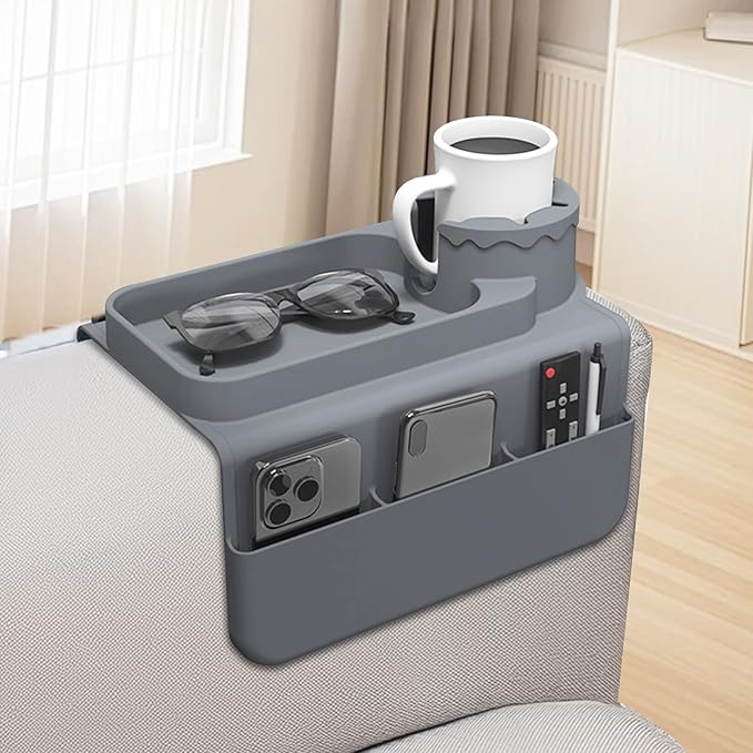 Couch Cup Holder Tray, Silicone Sofa Armrest organizer with Assesory Side Pockets for storage Remotes, Cell-phone,Tablet or Snack, Anti-Spill and Anti-Slip Couch Drink Holder Caddy(Gray)