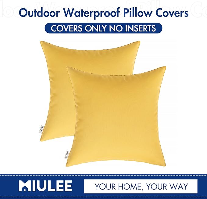MIULEE Pack of 2 Decorative Outdoor Waterproof Pillow Covers Square Garden Cushion Sham Throw Pillowcase Shell for Patio Tent Couch 18x18 Inch Yellow