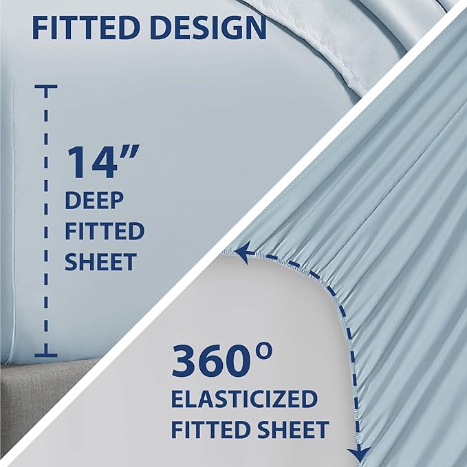 Swift Home Smart Sheets, Ultra Soft Brushed Microfiber 3-Piece Sheet Set, Fitted Bed Sheet with Side Storage Pockets – Blue Fog, Twin