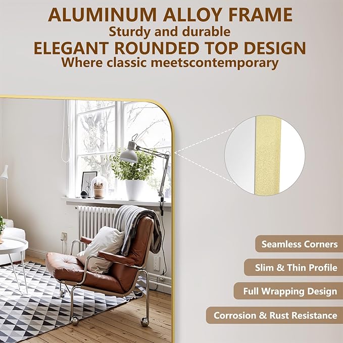 Koonmi Full Length Mirror, 65"x24" Mirror Full Length with Stand, Gold Domed Top Square-Edged Floor Mirror with Aluminum Alloy Frame for Bedroom Living Room