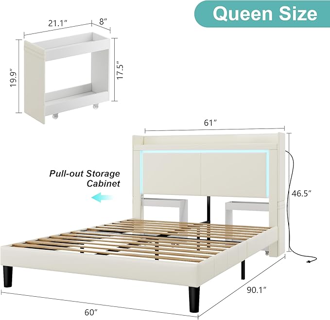 Queen Bed Frame with Headboard and Wheeled Nightstand, PU Leather Upholstered Platform Bed with LED&Charging Station for Bedroom, No Box Spring Needed, Noise Free, Suit for Couple/Single, Beige