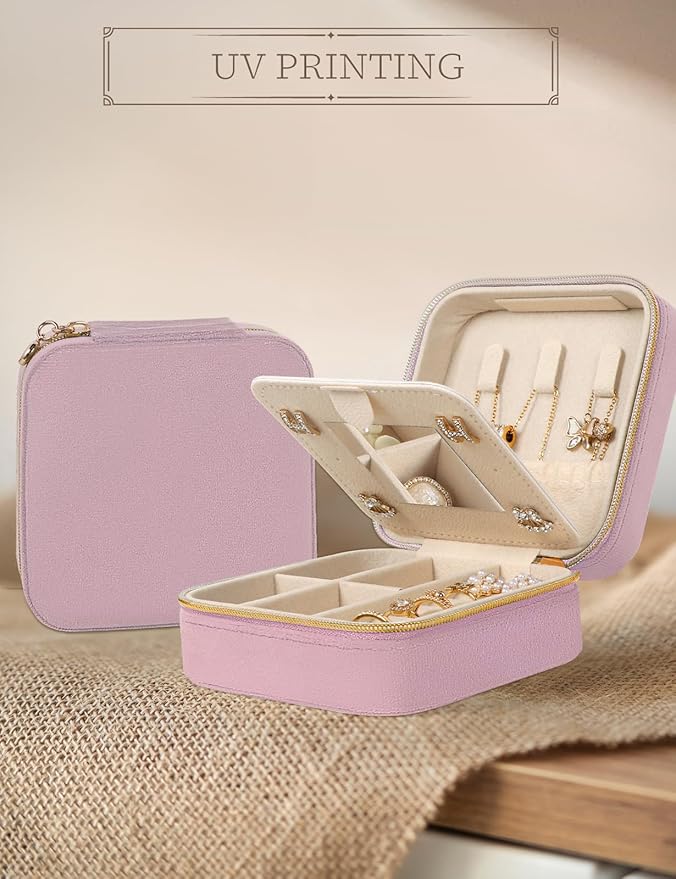 Plush Velvet Travel Jewelry Case Small Jewelry Box Jewelry Organizer Storage Case Portable Jewelry Travel Case for Girls Womens Earring, Necklace, Rings,Bracelets with Mirror