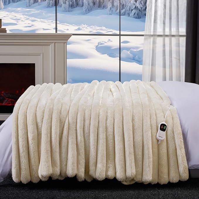 Heated Blanket Full Size, Faux Fur Cozy Heating Blanket with Overheat Protection, 1/2/4/6/8 Hours Auto-Off 10 Heat Level, Machine Washable (72x84 Inches, Cream White)