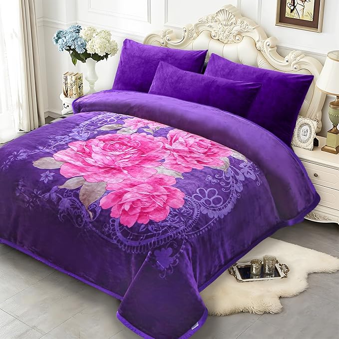 JYK Soft Korean Mink Blanket, 5.7 LB Fleece King 83'' x 91'' - 2 Ply Reversible 520GSM Super Soft Plush, Thick, Warm Bed Blanket for Autumn Winter - Rose/Camellia