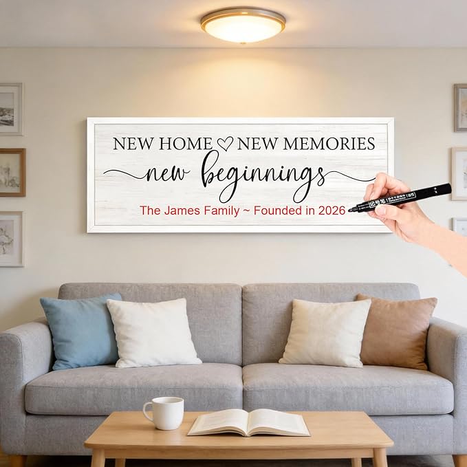 New Home, New Memories, New Beginnings Wall Decor Sign – 32x12 Inch Framed Wooden Sign with Writable Family Name & Year Space, Rustic Farmhouse Housewarming Gift for New Home, Entryway, Living Room, White