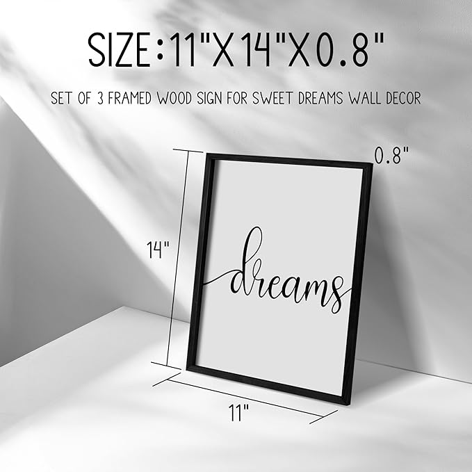 Ronasip Sweet Dreams Wall Decor for Bedroom Set of 3 Framed Wall Art for Farmhouse Rustic Home Master Bedroom Decor (11”x14”, Black)