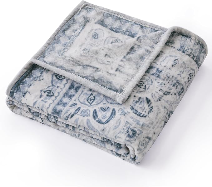Floral Print Blanket Fleece Throw for Bed Sofa Travel and Camping, Super Soft Cozy Fluffy Plush Floral Print Blanket for All Seasons 60"x80" Light Grey
