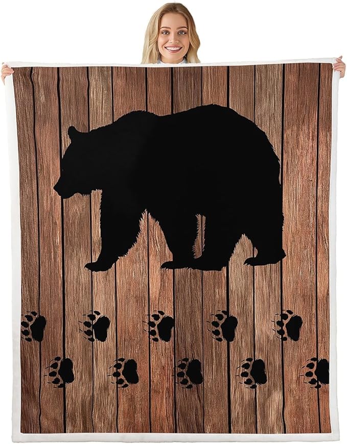 Black Bear Throw Blanket 40"X50",Rustic Brown Farmhouse Wooden Board Fleece Bed Blanket Countryside Woodland Animal Lightweight Sherpa Blankets for Sofa Couch,Bear Paws Decor Warm Soft Cozy